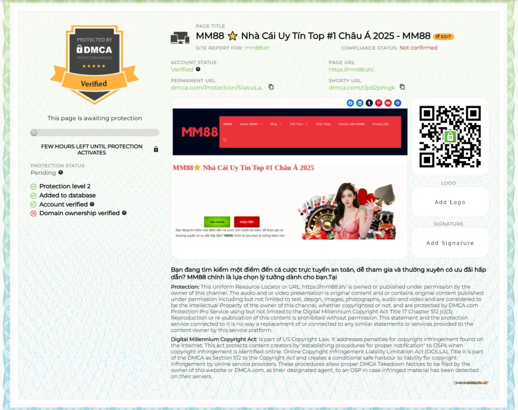 Chứng Nhận Bản Quyền Của MM88 Được Cấp Bởi DMCD